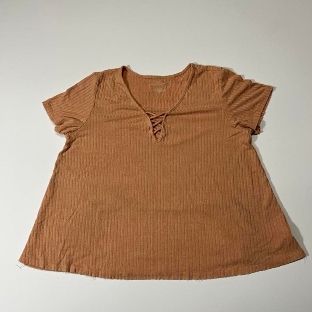 American Eagle Brown Ribbed Lace Up Top Size S